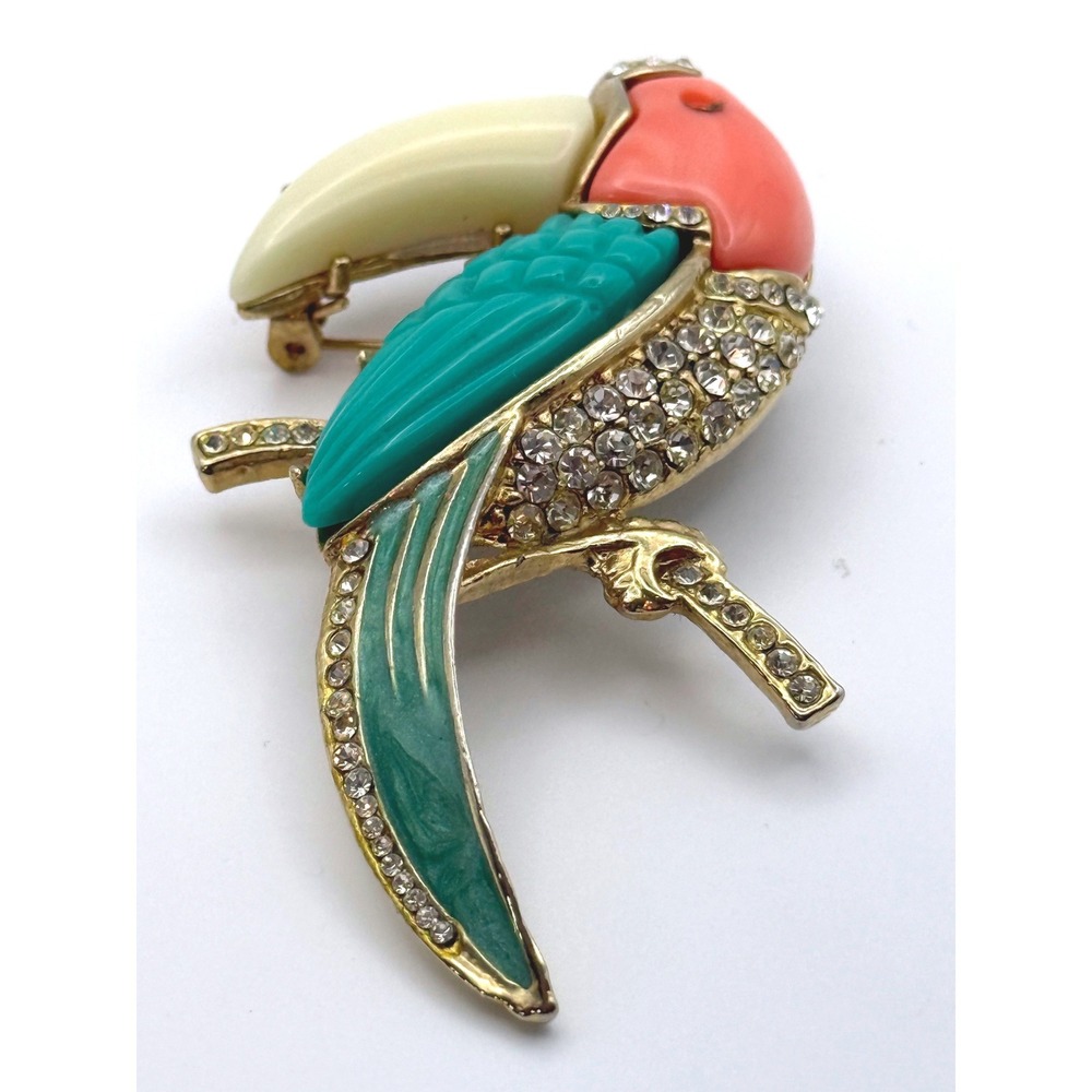 Vintage Toucan Bird Brooch Rhinestone Enamel Lucite Gold Tone Figural KJL Style
